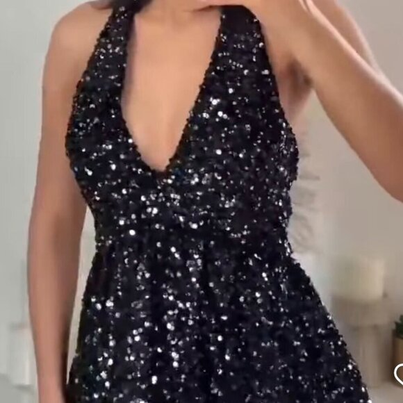 Zara Sequin Balloon Halter Mini Dress NWT Black Silver Size Medium Blogger Fav - Picture 10 of 10